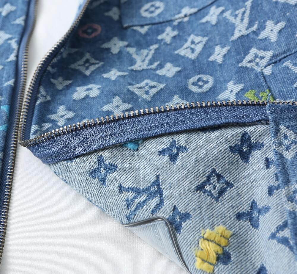 Monogram Print Denim Lapel Zip‑Up Jacket