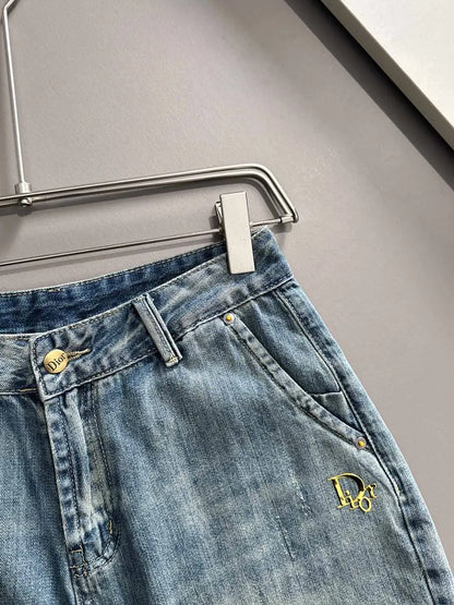 Logo Embroidery Washed Denim Shorts