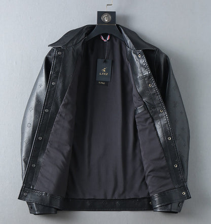 Embossed Pattern Casual Leather Jacket