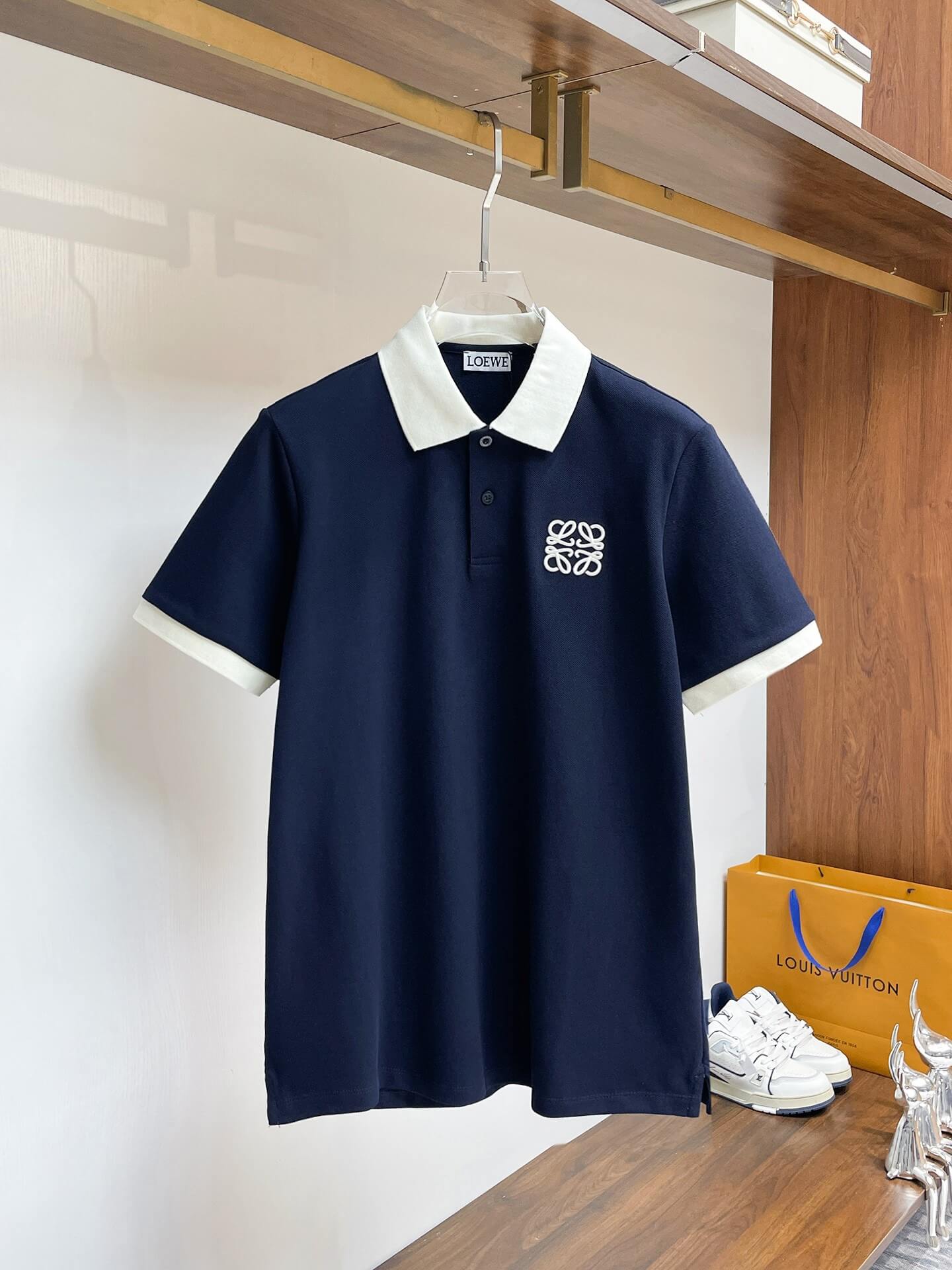 Rib‑Knit Striped Collar Polo Shirt