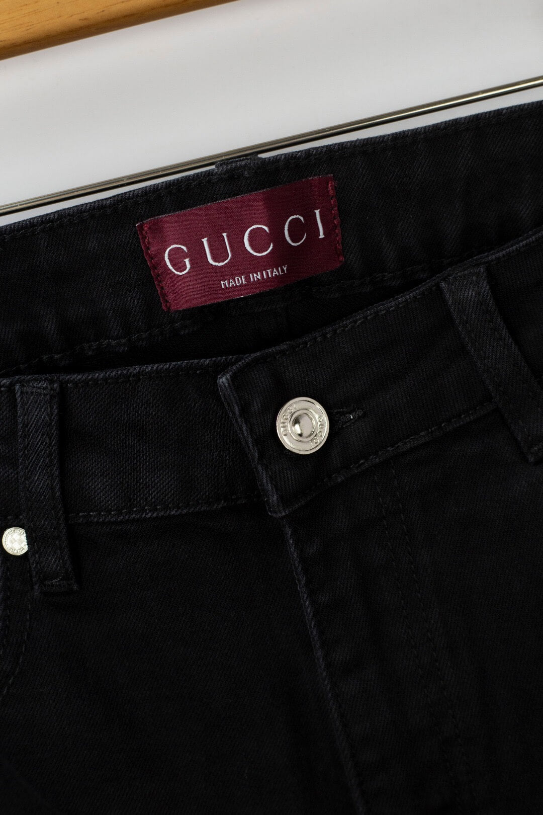 Red‑Green Letter‑Embroidered Jeans