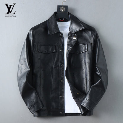 Embossed Pattern Casual Leather Jacket