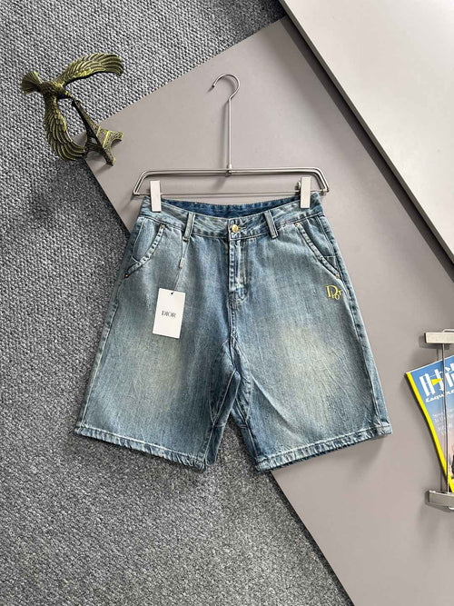 Logo Embroidery Washed Denim Shorts