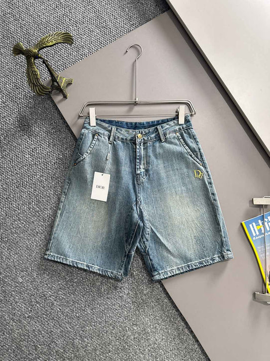 Logo Embroidery Washed Denim Shorts