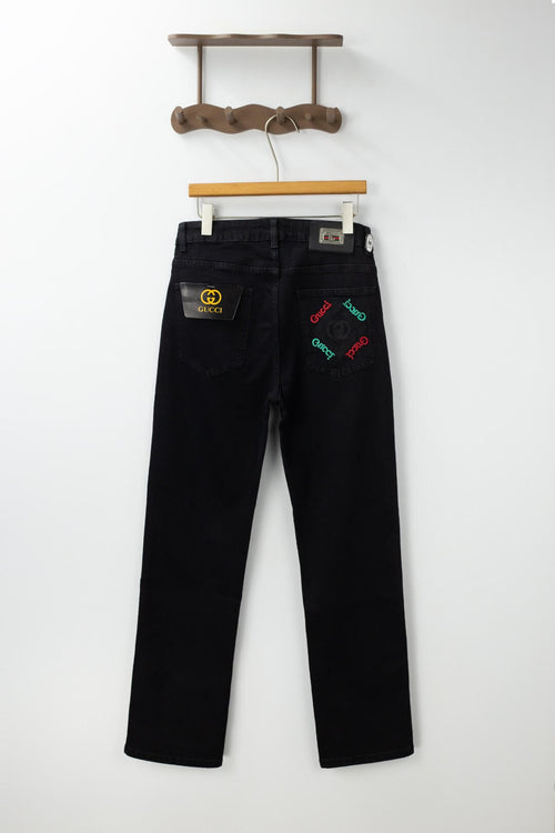 Red‑Green Letter‑Embroidered Jeans