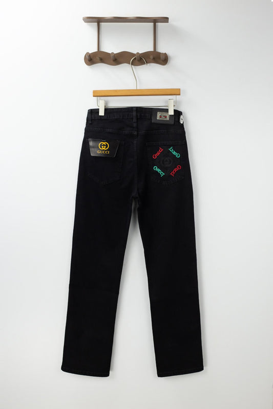 Red‑Green Letter‑Embroidered Jeans