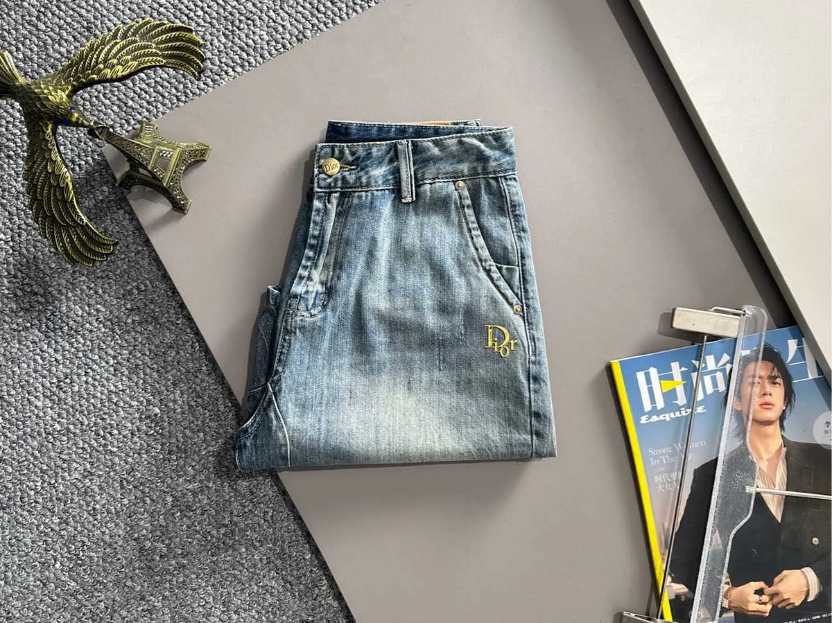 Logo Embroidery Washed Denim Shorts