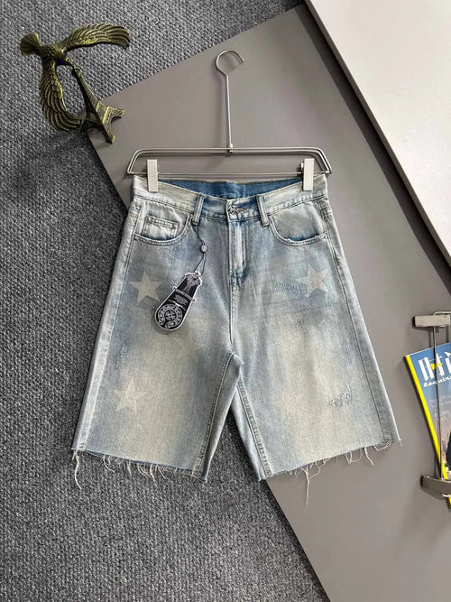 Star Print Frayed Denim Shorts