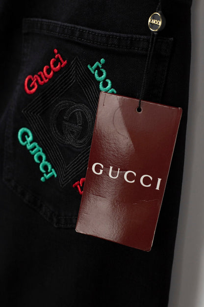 Red‑Green Letter‑Embroidered Jeans