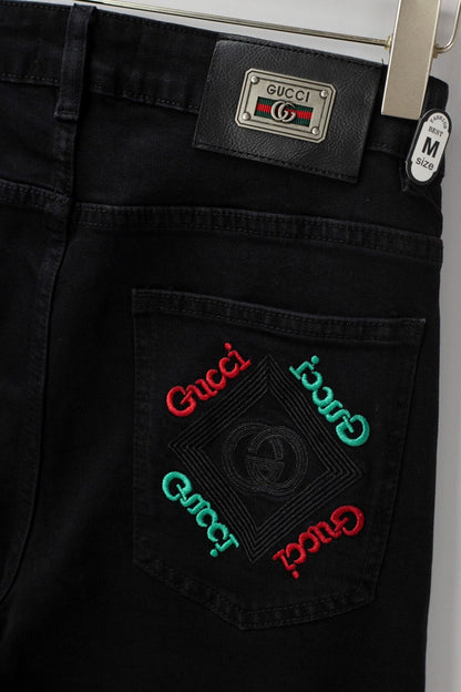 Red‑Green Letter‑Embroidered Jeans