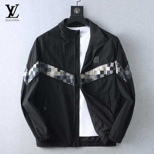 Checker‑Panel Zip‑Up Stand‑Collar Jacket