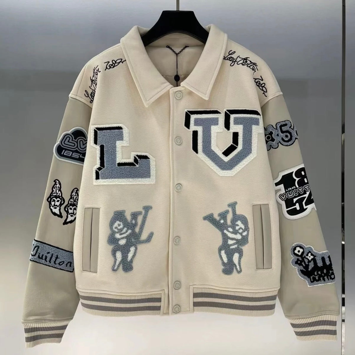 Cream Collared Patchwork Varsity Jacket