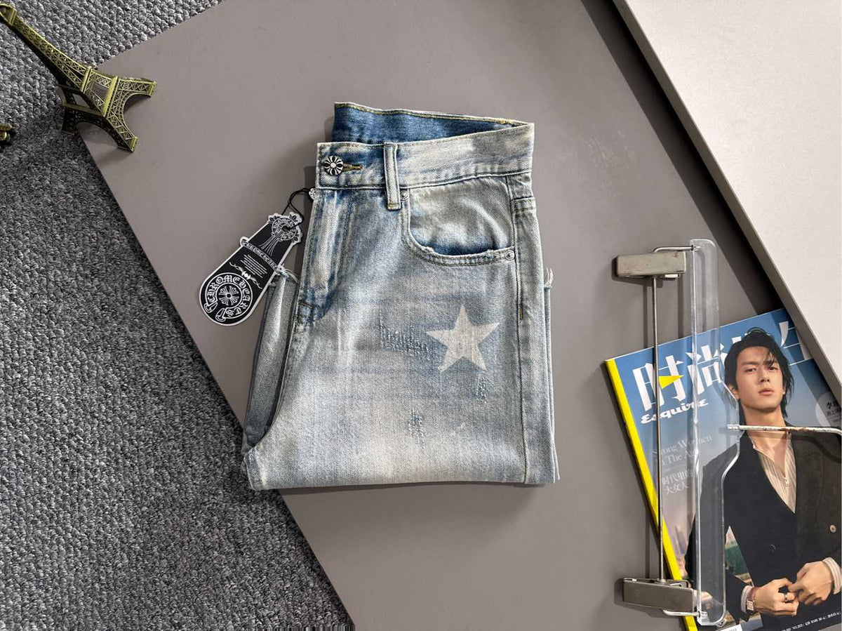 Star Print Frayed Denim Shorts